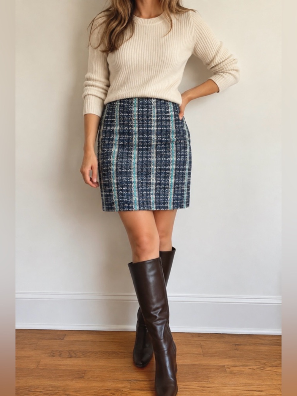 Tory Burch Size 6 Navy Bouclé Tweed Striped Pencil Skirt Preppy Mod Twee